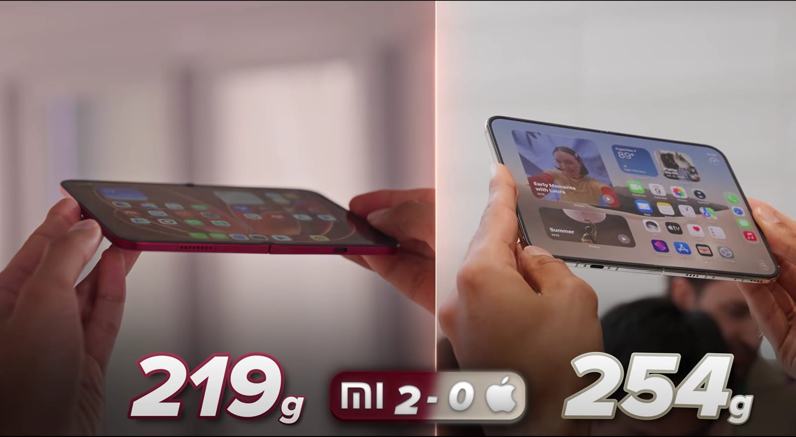 The Xiaomi 18 Fold (219 g) shown beside the iPhone 17 Pro Fold (254 g), both unfolded.